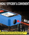 Boss Laser Distance Meter Measures 60m, blue handheld tool with LCD, laser beam for efficient distance measuring on site.
