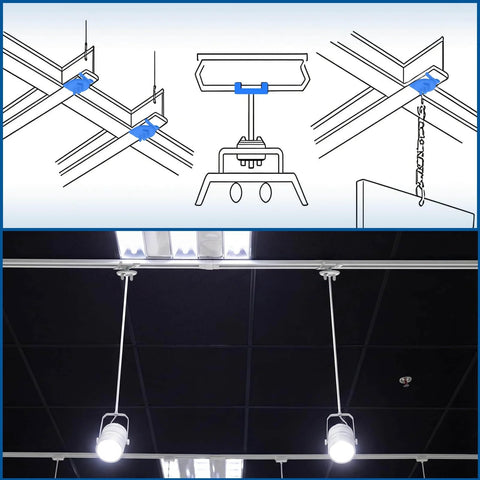Diagram and installed view of 12 Pack Spring Steel T Bar Ceiling Clips For 15 To 16 Inch T Grid Drop Ceilings Wing Nut Twist Mounting Clips Quick No Drill Setup Easy Tool Free Installation For Light Fixtures And Electrical Fixtures.