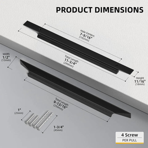 Dope Matte Black Cabinet Handles 10 Pack, 7.5 Inch Finger Pulls; diagram showing dimensions and screws included