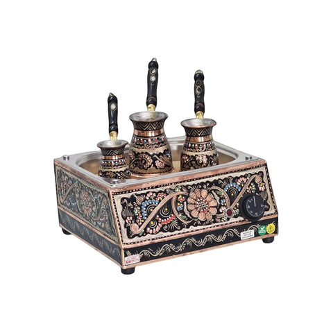 Dope Copper Turkish Sand Coffee Maker Heating Stand With Floral Pattern Erzincan Design, medium size, visible pots