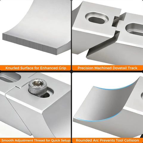 Close-up of Four Piece Side Clamp Vise Aluminum Alloy Set With Ultra Low Profile Design for details like knurled grip and dovetail track.