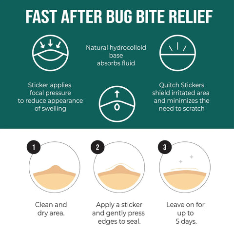 Mosquito Bite Relief Patch For Kids With Aloe And Witch Hazel Fast Itch Relief Hydrocolloid Insect Bite Treatment solution diagram.