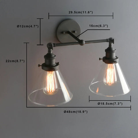 Two Light Industrial Wall Sconce In Antique Black With 7.3 Inch Cone Clear Glass Shade 180 Degree Adjustable E26 Base Compatible With LED Incandescent CFL Halogen Bulbs Bulbs Not Included Handmade Glass Lampshade