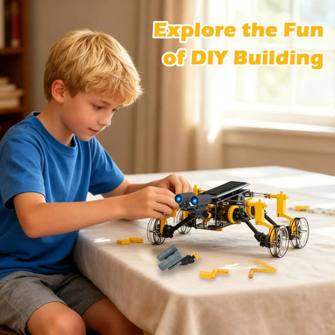 25 In 1 Solar Science Robot Kit For Kids Ages 8 And Up, a boy builds a wheeled solar robot on a table