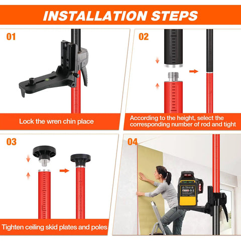 Telescoping Laser Level Pole Workhorse installation steps with universal mount and aluminum construction next to wall setup