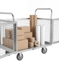 Rock Solid Heavy Duty Platform Truck With Secure Cage And Adjustable Panels, Hella Tough 2000 Pound Industrial Material Storage Cart filled with boxes and rolls.