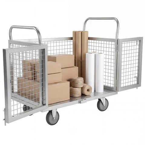 Rock Solid Heavy Duty Platform Truck With Secure Cage And Adjustable Panels, Hella Tough 2000 Pound Industrial Material Storage Cart filled with boxes and rolls.