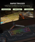 Ridiculously Snappy 68 Key Mechanical Gaming Keyboard Featuring Lightning Fast Hall Effect Magnetic Switches Delivered At 8000Hz Polling Rate For Butter Smooth Actuation And Zero Lag Gameplay on desk with gaming monitor showing gameplay.