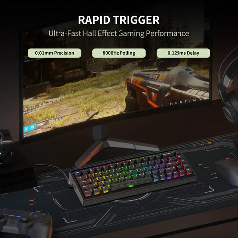 Ridiculously Snappy 68 Key Mechanical Gaming Keyboard Featuring Lightning Fast Hall Effect Magnetic Switches Delivered At 8000Hz Polling Rate For Butter Smooth Actuation And Zero Lag Gameplay on desk with gaming monitor showing gameplay.
