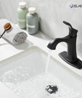 Matte Black Bathroom Faucet With One Hole And Deck Plate, Dope Single-Handle Vanity Tap pouring water into sink, modern style