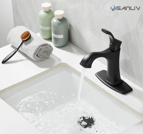 Matte Black Bathroom Faucet With One Hole And Deck Plate, Dope Single-Handle Vanity Tap pouring water into sink, modern style