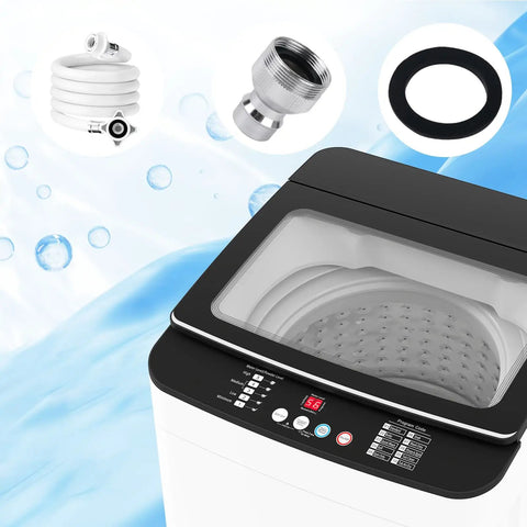 Top view of Thirty Pounds Full Automatic Portable Washing Machine Compact Washer Spin Dryer Combo with LED screen and controls.