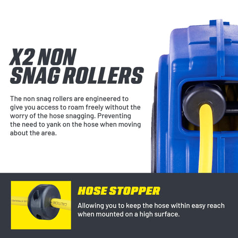 Air Hose Reel Retractable One Quarter Inch By Fifty Foot Premium Commercial Hybrid Flex Polymer Hose Heavy Duty Spring Driven Polypropylene Case With PVC Handle For Quick Clean Setups And Rugged Long Lasting Use, featuring blue case with yellow hose and non-snag rollers, hose stopper details shown.