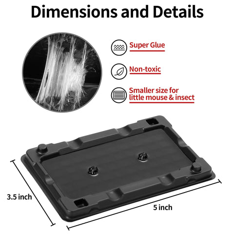 Heavy Duty Mouse And Insect Traps 12 Pack With Non Toxic Sticky Glue Sheets For Indoors and Badass Roach Rat Catcher featuring dimensions of 5 inches by 3.5 inches.