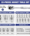 22 Piece Socket Set With Three In One Ratchet Handle Pro Grade with metric sockets and extension bars illustrated.