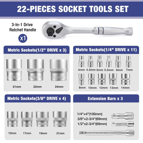 22 Piece Socket Set With Three In One Ratchet Handle Pro Grade with metric sockets and extension bars illustrated.