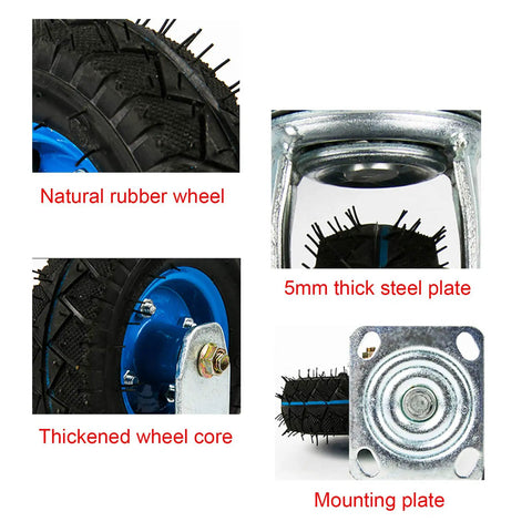Top Shelf Rubber Inflatable Caster Wheels, Swivel Cart Casters With Brake, Heavy Duty Replacement Wheels showing rubber wheel detail and mounting plate.