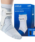 A2DX Sports Ankle Brace With Protective Guards For High Ankle Sprains And Chronic Instability Game Ready Support For Basketball Volleyball Lacrosse And Football White Right Medium shown in packaging