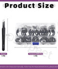 210 Piece E Clip Snap Ring Kit With Tweezers 14 Sizes M1.5 M15 in transparent box next to tweezers dimensions