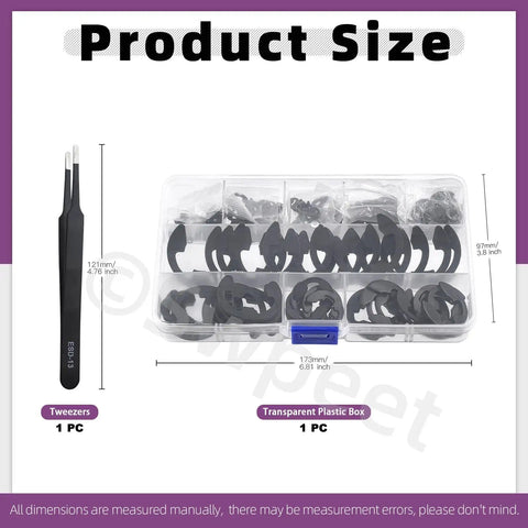 210 Piece E Clip Snap Ring Kit With Tweezers 14 Sizes M1.5 M15 in transparent box next to tweezers dimensions