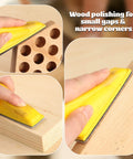Close-up of Micro Sander Kit with 120 sheets of sandpaper in 3.5 by 1.2 inches used for detailed wood polishing on different surfaces.