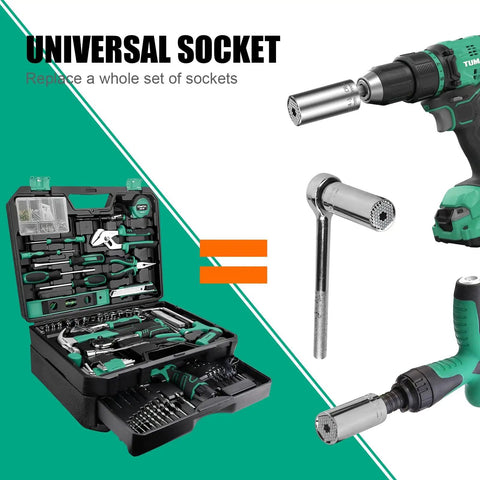 Three Piece Universal Socket Wrench Set With Ratchet And Drill Adapters Retractable One Quarter Inch To Three Quarter Inch
