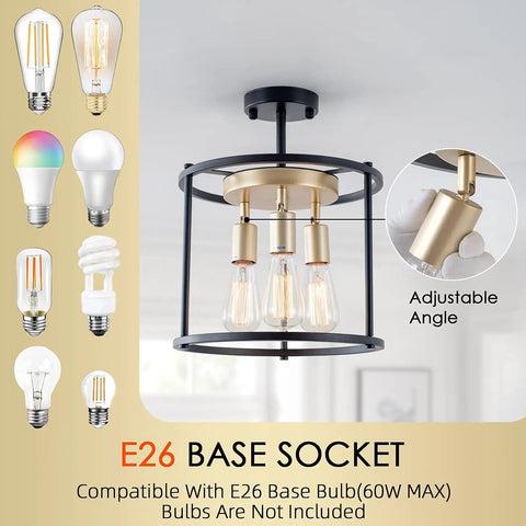 Dope Industrial Semi Flush Mount 3 Light Ceiling Fixture In Vintage Black With Adjustable Sockets And Rustic Metal Cage Shade