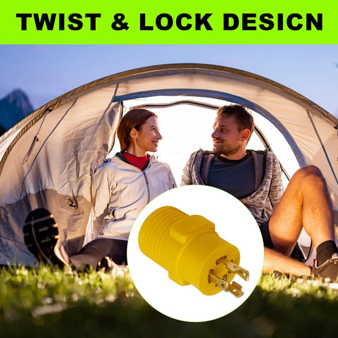 Heavy Duty Nema L14-30P To 14-50R RV Generator Adapter With 30 Amp Locking Plugs inside a camping tent with couple.