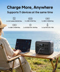 Woman using laptop powered by Beast Mode Elite 100 V2 Portable Power Station 1024Wh LFP Battery Backup on a wooden table outdoors