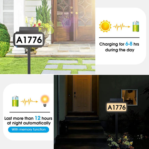 Day and night view of Solar Address Sign with LED Illuminated House Numbers, showing charging and lighting duration for your yard.