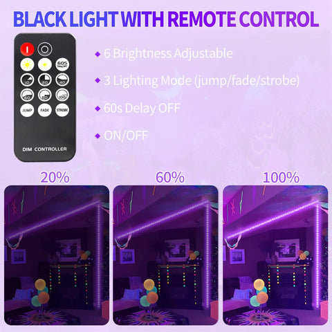 Remote with buttons for 33 Foot Black Light LED Strip With Remote For Lit Glow Party Vibes And Bedroom Decor 600 LEDs Dimmable 12V