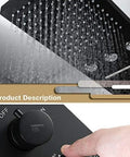 Solid Black Thermostatic Shower Mixer Set Rain And Waterfall Head Embedded Faucet Featuring Heavy Brass Body Jets Built Different For Real Deal High Pressure Flow, showing rainfall and control dial.