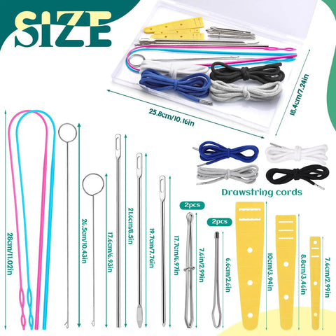 Must Have 18 Piece Drawstring Threader Tool Set For Quick Sewing includes metal threaders, loop turners, and cords displayed