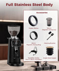 Top Shelf 64 Mm Stainless Steel Flat Burr Coffee Grinder with full stainless steel body and included accessories on display.