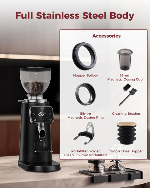 Top Shelf 64 Mm Stainless Steel Flat Burr Coffee Grinder with full stainless steel body and included accessories on display.
