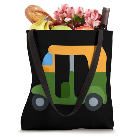 Hella Rad Auto Rickshaw Tote Bag Featuring A Dope Tuk Tuk Street Print Lightweight Cotton Canvas Crossbody Sling filled with groceries.