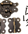 Old School Vibe Antique Retro Hasp Lock Buckle Eye Latch Set With Bronze Hardware, hinges and screws shown in close-up.