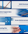 Close-up of Tough As Nails Four Tier Garage Shelving Unit showing solid structure, support bars, screw reinforcement, and locking pins.
