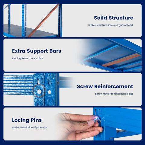 Close-up of Tough As Nails Four Tier Garage Shelving Unit showing solid structure, support bars, screw reinforcement, and locking pins.