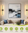 vidvic 28Inch Rechargeable Black Wall Sconces Set of 2 Dimmable and Remote installed in a modern living room beside artwork.