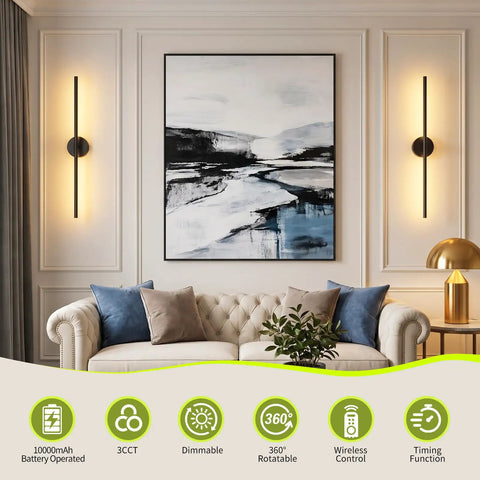 vidvic 28Inch Rechargeable Black Wall Sconces Set of 2 Dimmable and Remote installed in a modern living room beside artwork.