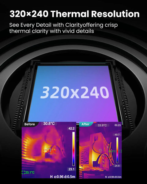 TR20 Pro Dual Lens Thermal Imaging Camera sensor with 320x240 resolution, showing infrared samples for detailed thermal analysis