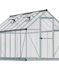 Side view of Tough Built 6x14 Greenhouse Kit with twin-wall polycarbonate panels, heavy-duty aluminum frame, lockable door, Mythos Gray