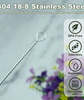 Close-up of stainless steel 4 Pack Extra Long Straw Cleaning Brushes For Reusable Mugs, 11.8 Inch Long Cleaners. BPA free, reusable.