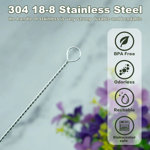 Close-up of stainless steel 4 Pack Extra Long Straw Cleaning Brushes For Reusable Mugs, 11.8 Inch Long Cleaners. BPA free, reusable.
