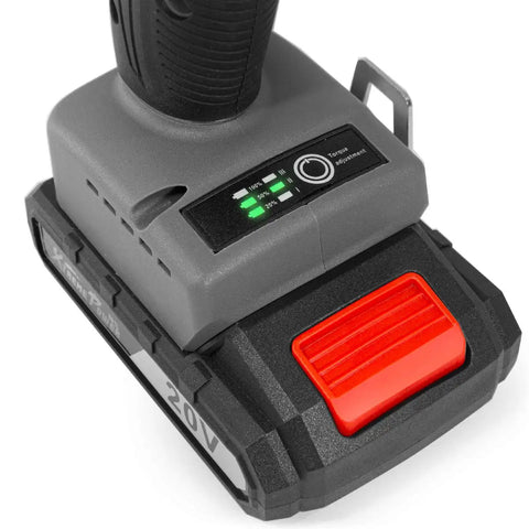 Close-up of battery section on Cordless Impact Driver With 20 Volt Brushless Motor Monster Torque Up To 1590 Inch Pounds Variable Speed
