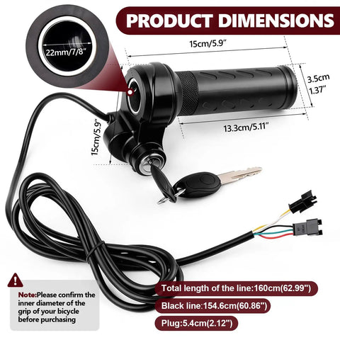 Full Twist Electric Bike Throttle Grip With 3 Pin Plug And Play And 2 Keys Universal Fit For 12V To 72V E Bikes Motorcycles And Scooters Easy Replace For Ridstar Q20 And Other Models