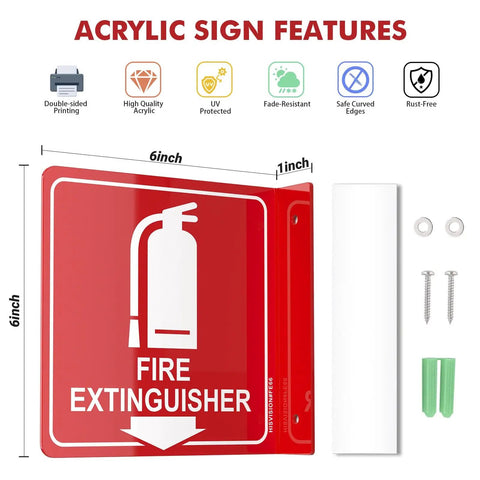 Two Pack 6x6 Acrylic Fire Extinguisher Sign With Down Arrow, UV Protected And Fade Resistant, Indoor Outdoor Use, Easy To Install With Screws And Tape, Ideal For Home Office Or Business Safety Sign