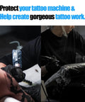 Tattoo pen covers and grip wrap set in black; left panel shows applying a cover, right panel shows wrapped tattoo machine.
