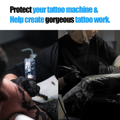 Tattoo pen covers and grip wrap set in black; left panel shows applying a cover, right panel shows wrapped tattoo machine.